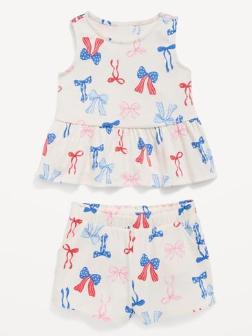 طقم بلوزة وشورت بيبلوم بدون أكمام مطبوع من Old Navy للفتيات الصغيرات - فيونكات in Kuwait