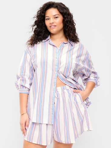 قميص Boyfriend ذو أزرار كبيرة الحجم من Old Navy - شريط أبيض/أرجواني in Kuwait