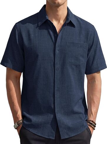 EKLENTSON Men's Button Down Shirts Short Sleeve Casual Summer Beach Shirt Textured Relaxed Tropical Shirt with Pocket in Saudi Arabia
