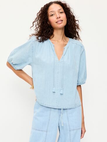 Old Navy Short-Sleeve Beaded Denim Top - Light Wash in Saudi Arabia