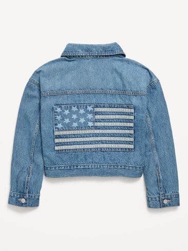 Old Navy Oversized Cropped Denim Trucker Jacket for Girls - Medium Wash in Saudi Arabia