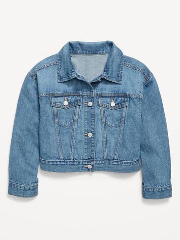 Old Navy Oversized Cropped Denim Trucker Jacket for Girls - Medium Wash in Saudi Arabia
