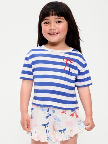 تي شيرت برسومات قصيرة الأكمام للفتيات الصغيرات من Old Navy Boxy - شريط أبيض وأزرق in Kuwait