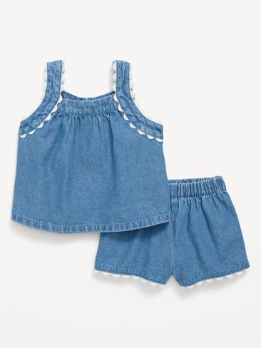 طقم قميص وسروال قصير من قماش الدنيم بدون أكمام من Old Navy للأطفال - لون متوسط ​​الغسيل in Saudi Arabia