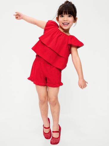 Old Navy Short-Sleeve Ruffled Linen-Blend Top and Shorts Set for Toddler Girls - Red in Saudi Arabia