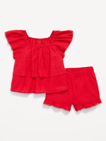 Old Navy Short-Sleeve Ruffled Linen-Blend Top and Shorts Set for Toddler Girls - Red in Saudi Arabia