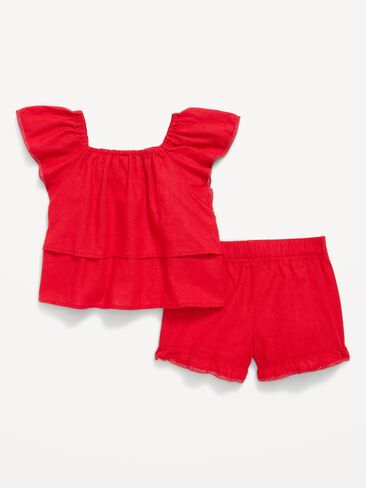 Old Navy Short-Sleeve Ruffled Linen-Blend Top and Shorts Set for Toddler Girls - Red in Saudi Arabia