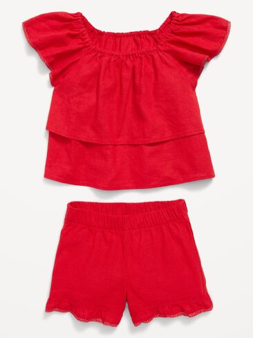 Old Navy Short-Sleeve Ruffled Linen-Blend Top and Shorts Set for Toddler Girls - Red in Saudi Arabia
