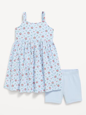 Old Navy Printed Sleeveless Crinkled Dress and Biker Shorts Set for Toddler Girls - Blue Ditsy Floral in Saudi Arabia