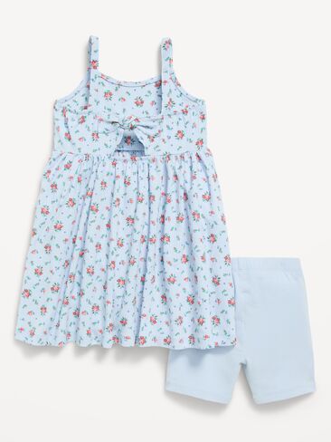 Old Navy Printed Sleeveless Crinkled Dress and Biker Shorts Set for Toddler Girls - Blue Ditsy Floral in Saudi Arabia
