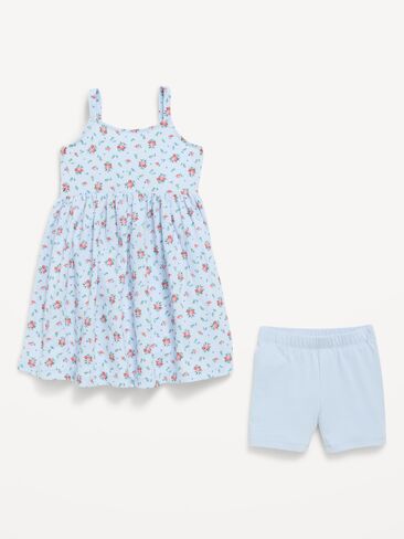 Old Navy Printed Sleeveless Crinkled Dress and Biker Shorts Set for Toddler Girls - Blue Ditsy Floral in Saudi Arabia