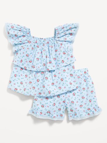 Old Navy Printed Ruffled Top and Shorts Set for Toddler Girls - Blue Ditsy Floral in Saudi Arabia