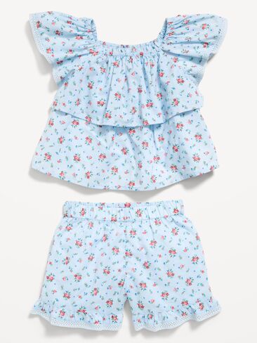 Old Navy Printed Ruffled Top and Shorts Set for Toddler Girls - Blue Ditsy Floral in Saudi Arabia