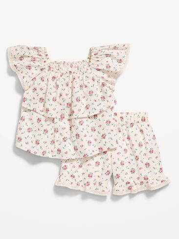 Old Navy Printed Ruffled Top and Shorts Set for Toddler Girls - White Ditsy Floral in Saudi Arabia