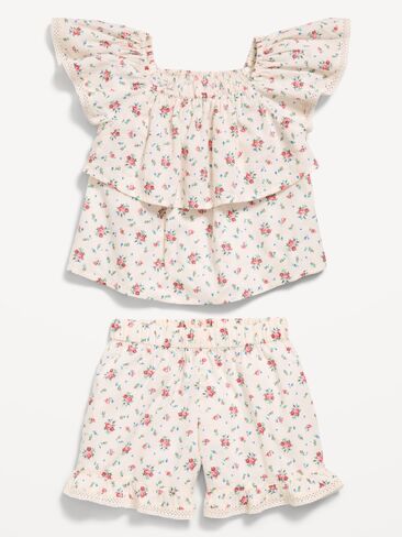 Old Navy Printed Ruffled Top and Shorts Set for Toddler Girls - White Ditsy Floral in Saudi Arabia