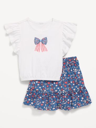 طقم تي شيرت وتنورة برسومات بأكمام قصيرة من Old Navy للفتيات الصغيرات - زهور باللون الأزرق الداكن in Saudi Arabia