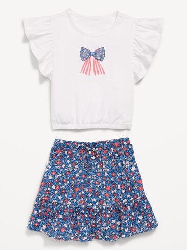 طقم تي شيرت وتنورة برسومات بأكمام قصيرة من Old Navy للفتيات الصغيرات - زهور باللون الأزرق الداكن in Saudi Arabia