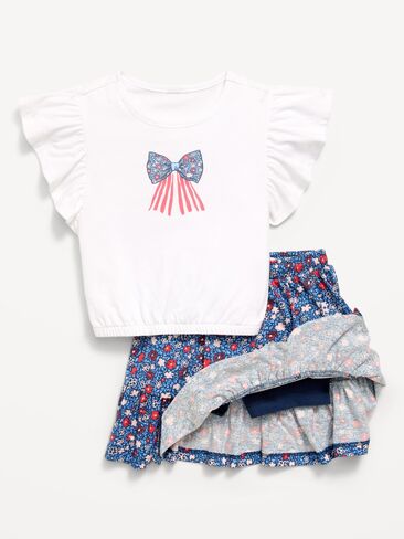 طقم تي شيرت وتنورة برسومات بأكمام قصيرة من Old Navy للفتيات الصغيرات - زهور باللون الأزرق الداكن in Saudi Arabia