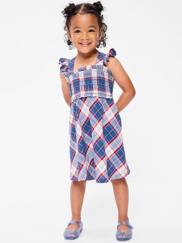 Old Navy Sleeveless Plaid Smocked Dress for Toddler Girls - Blue/Red Plaid in Saudi Arabia