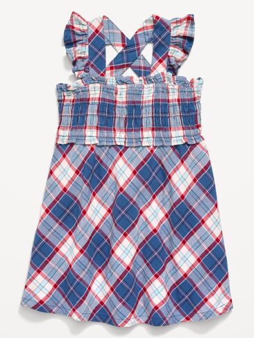 Old Navy Sleeveless Plaid Smocked Dress for Toddler Girls - Blue/Red Plaid in Saudi Arabia