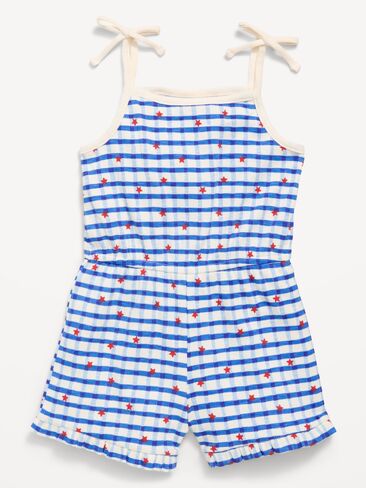 Old Navy Printed Sleeveless Ribbed Tie-Bow Romper for Toddler Girls - White & Blue Plaid in Saudi Arabia