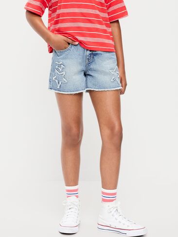 Old Navy High-Waisted Frayed-Hem Jean Shorts for Girls - Light Wash (Embroidered Stars) in Saudi Arabia