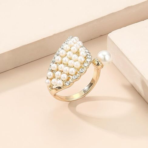 Gold Pearl Ring for Women Vintage Chunky Pearl Cluster Ring Adjustable Pearl Crystal Ring Trendy Diamond Pearl Wings Ring Statement Ring Joint Ring Elegant Clothing Jewelry for Her in Saudi Arabia