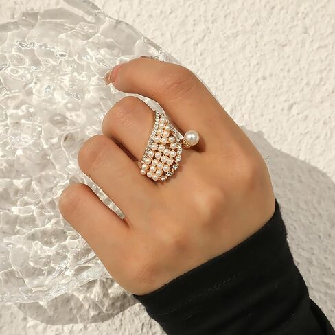 Gold Pearl Ring for Women Vintage Chunky Pearl Cluster Ring Adjustable Pearl Crystal Ring Trendy Diamond Pearl Wings Ring Statement Ring Joint Ring Elegant Clothing Jewelry for Her in Saudi Arabia