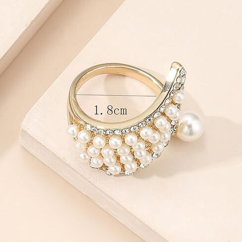 Gold Pearl Ring for Women Vintage Chunky Pearl Cluster Ring Adjustable Pearl Crystal Ring Trendy Diamond Pearl Wings Ring Statement Ring Joint Ring Elegant Clothing Jewelry for Her in Saudi Arabia