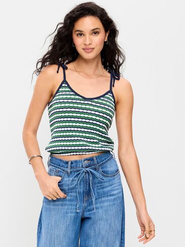 Old Navy Sleeveless Pointelle Tie-Strap Tank Top - Green Blue Stripe in Saudi Arabia