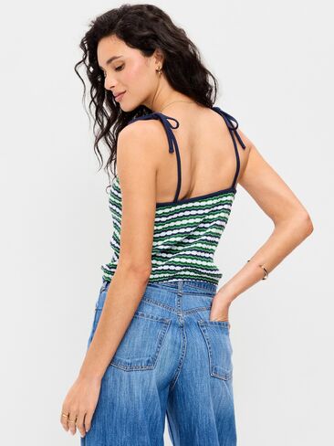 Old Navy Sleeveless Pointelle Tie-Strap Tank Top - Green Blue Stripe in Saudi Arabia