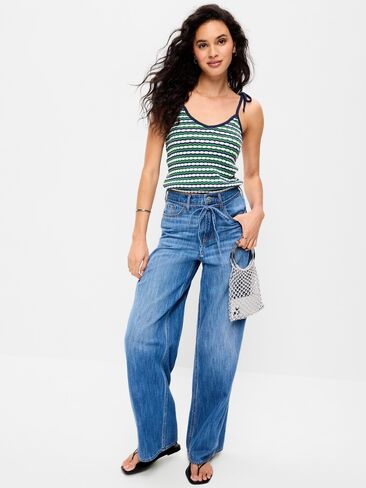 Old Navy Sleeveless Pointelle Tie-Strap Tank Top - Green Blue Stripe in Saudi Arabia