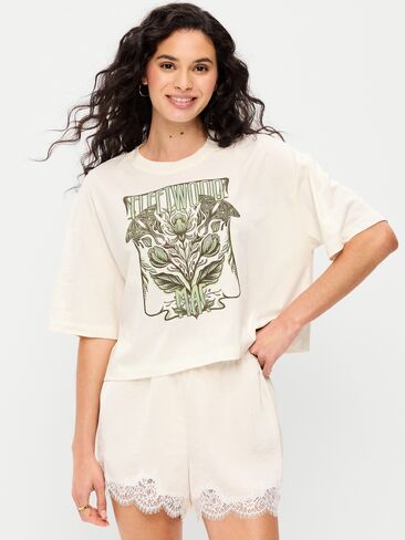 Old Navy Crew-Neck Oversized Crop Graphic T-Shirt - Sea Salt in Saudi Arabia
