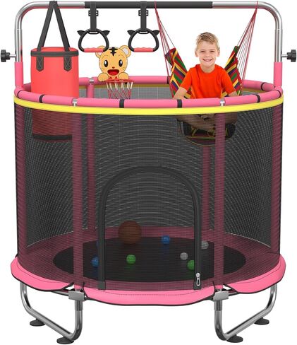 60" Trampoline for Kids with Net, 500lbs Capacity Toddler Trampoline Indoor & Outdoor with Adjustable Gymnastics Bar&Toys, Mini Trampolines for Kids, Gifts for Boys&Girls in Saudi Arabia