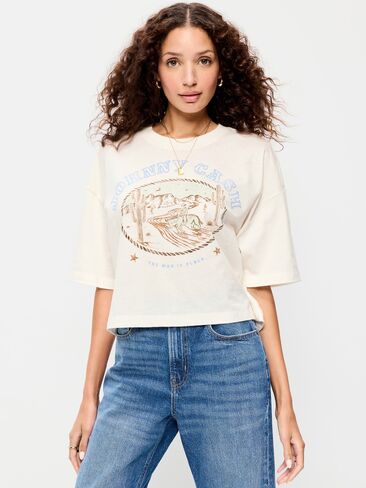 Old Navy Crew-Neck Oversized Crop Graphic T-Shirt - Sea Salt in Saudi Arabia