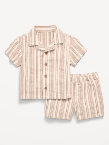 Old Navy Short-Sleeve Textured Striped Shirt and Shorts Set for Baby - Toasted Sesame in Kuwait
