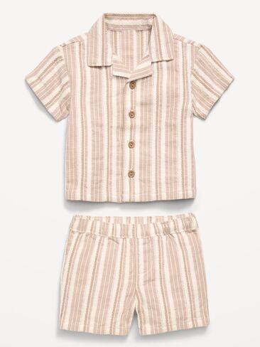 Old Navy Short-Sleeve Textured Striped Shirt and Shorts Set for Baby - Toasted Sesame in Kuwait