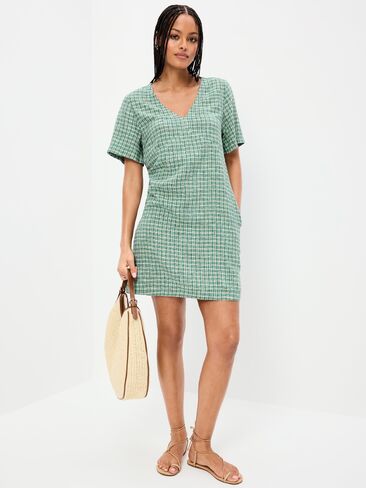 Old Navy Short-Sleeve Linen-Blend Mini Shift Dress - Green Plaid in Saudi Arabia