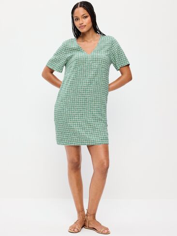 Old Navy Short-Sleeve Linen-Blend Mini Shift Dress - Green Plaid in Saudi Arabia