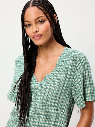 Old Navy Short-Sleeve Linen-Blend Mini Shift Dress - Green Plaid in Saudi Arabia
