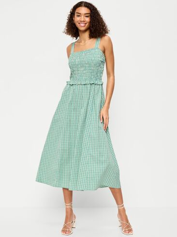 Old Navy Fit & Flare Smocked-Bodice Midi Dress - Small Green Plaid in Saudi Arabia
