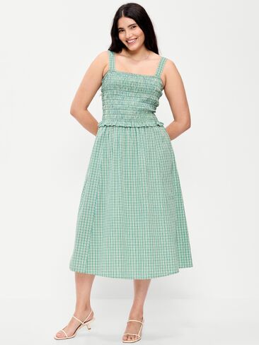 Old Navy Fit & Flare Smocked-Bodice Midi Dress - Small Green Plaid in Saudi Arabia