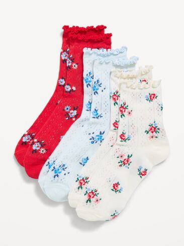عبوة من 3 جوارب تريكو كشكش بخطوط مدببة للبنات من Old Navy - مجموعة من 3 جوارب - متعددة الزهور in Saudi Arabia