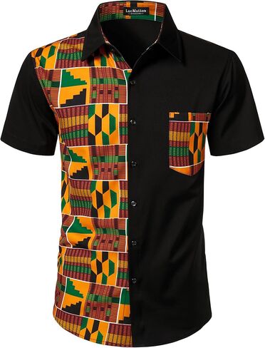 قميص رجالي من LucMatton مطبوع عليه Kente بأكمام قصيرة وأزرار سفلية، قمصان Dashiki برسومات أفريقية وقبلية in Kuwait