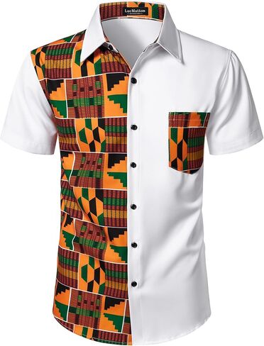 قميص رجالي من LucMatton مطبوع عليه Kente بأكمام قصيرة وأزرار سفلية، قمصان Dashiki برسومات أفريقية وقبلية in Kuwait