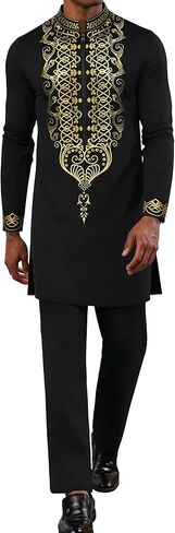 Mens African 2 Piece Set Half Zipper Nigerian Dashiki Metallic Shirt and Pants Outfit Gold Stamp Long Traditional Suit in Saudi Arabia
