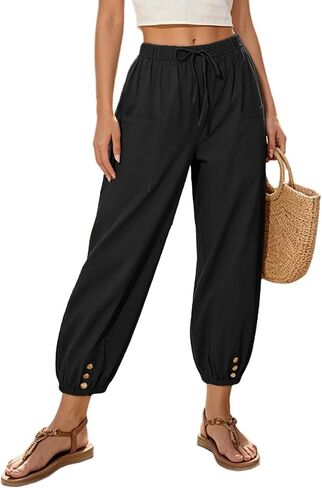 WROLEM Women Capri Pants Casual Drawstring Elastic High Waist Baggy Wide Leg Cropped Pants Trousers for Ladies Summer in Saudi Arabia