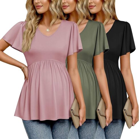 Ekouaer قمصان الأمومة 3 حزم تحلق قصيرة الأكمام قمم الأمومة الخامس الرقبة تي شيرت ملابس الحمل S-XXL in Kuwait