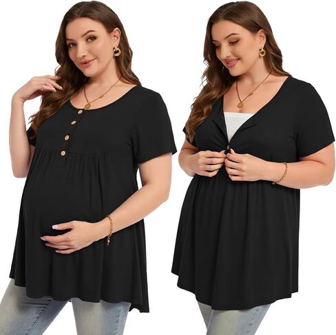MONNURO Women's Plus Size Maternity Nursing Tops Short Sleeve Loose Fit Casual Tunics Breastfeeding Clothes in Saudi Arabia