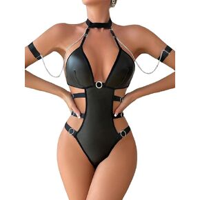 WDIRARA Women's Cut Out Ring Linked Backless Strappy Halter Choker Lingerie Teddy Bodysuit